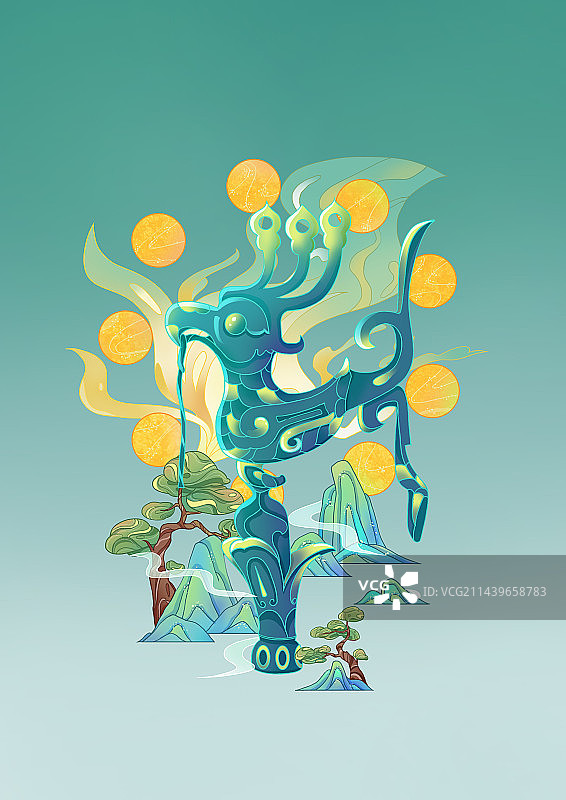 铜神树枝头花蕾及立鸟图片素材