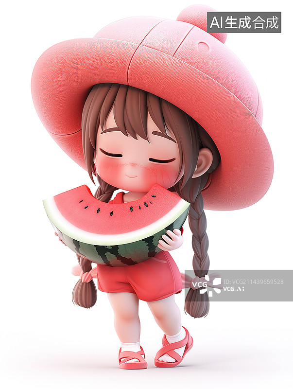 【AI数字艺术】吃西瓜的女孩3d插画图片素材
