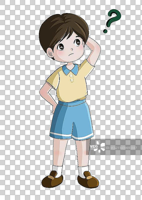 小学生男孩叉腰摸头站立思考图片素材