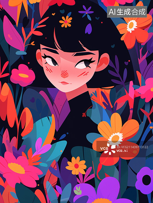 【AI数字艺术】扁平插画花卉女孩图片素材