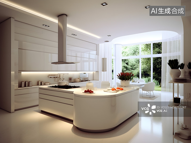 【AI数字艺术】室内设计厨房白色简约现代开放式岛台图片素材