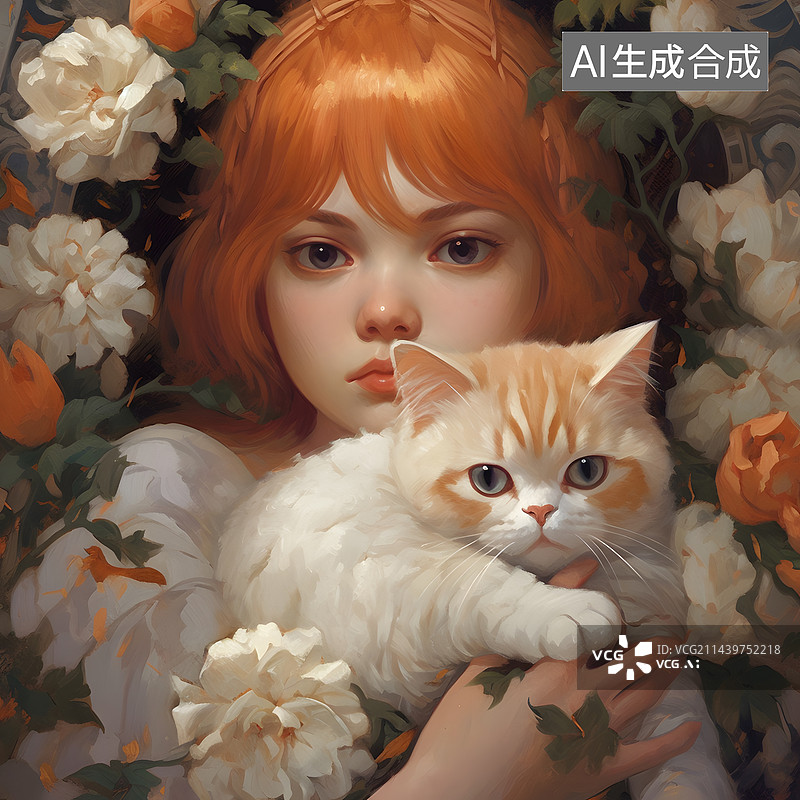 【AI数字艺术】红发姑娘和小猫图片素材