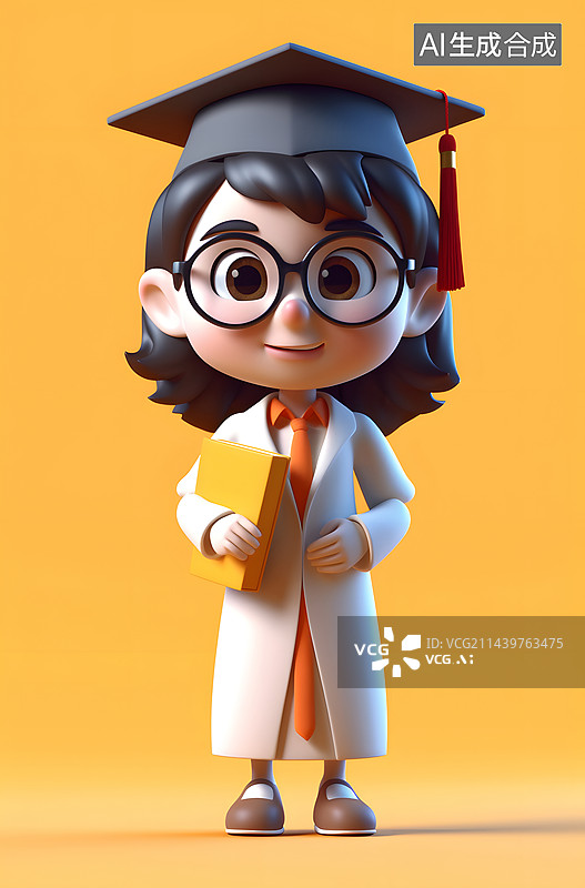 【AI数字艺术】3D渲染的可爱女孩，毕业生插图图片素材