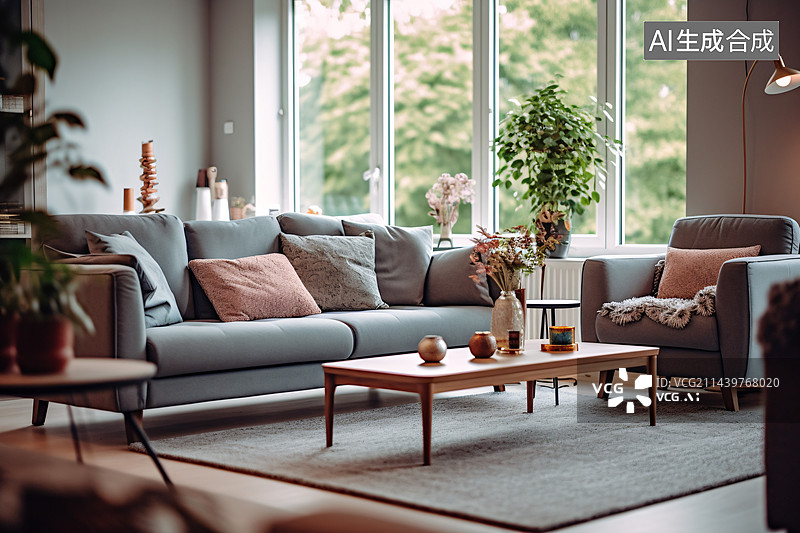 【AI数字艺术】室内客厅，窗户上有沙发和夏季景观。室内设计。3D插图图片素材