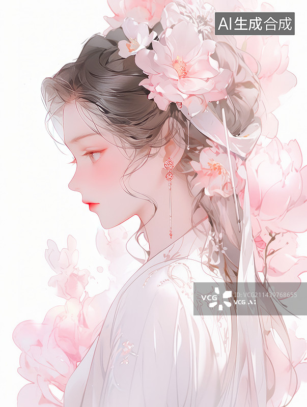 【AI数字艺术】粉色系牡丹花朵古风少女插画图片素材