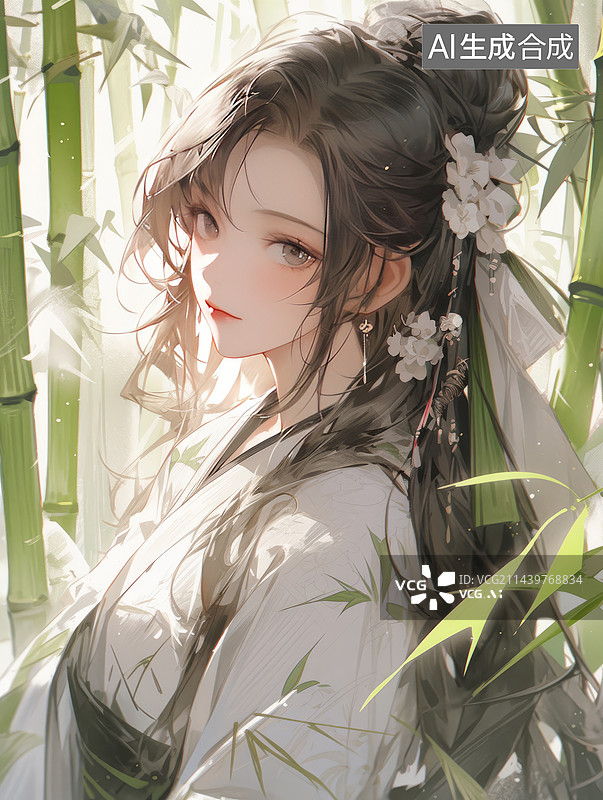 【AI数字艺术】绿色系竹林古风少女绘画插画图片素材
