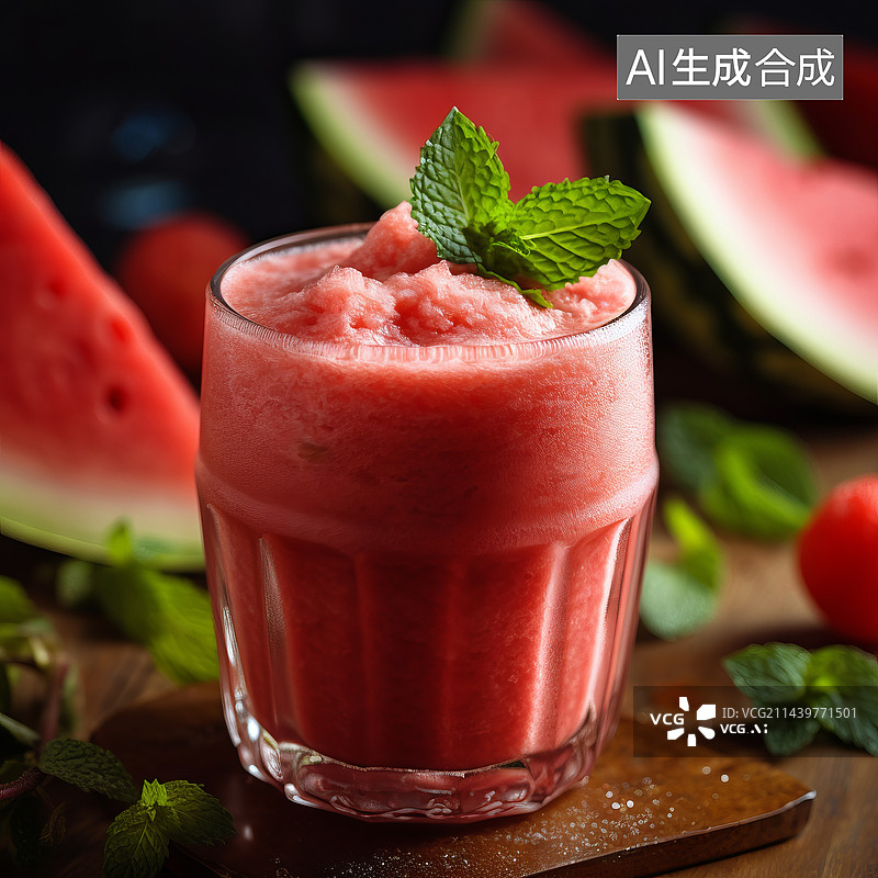 【AI数字艺术】3D渲染夏天薄荷叶西瓜汁图片素材