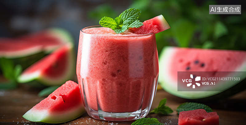 【AI数字艺术】3D渲染夏天薄荷叶西瓜汁图片素材