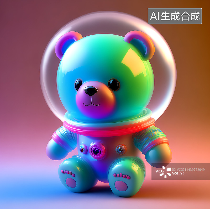 【AI数字艺术】潮流宇航员小熊玩具透明的炫彩塑料质感图片素材