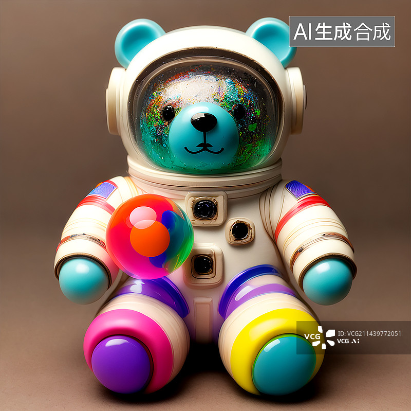 【AI数字艺术】潮流宇航员小熊玩具透明的炫彩塑料质感图片素材