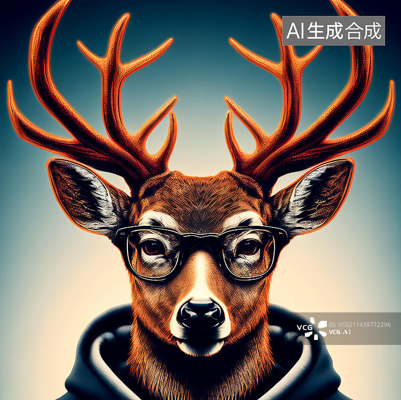 【AI数字艺术】穿卫衣的潮流野兽鹿动物插画图片素材