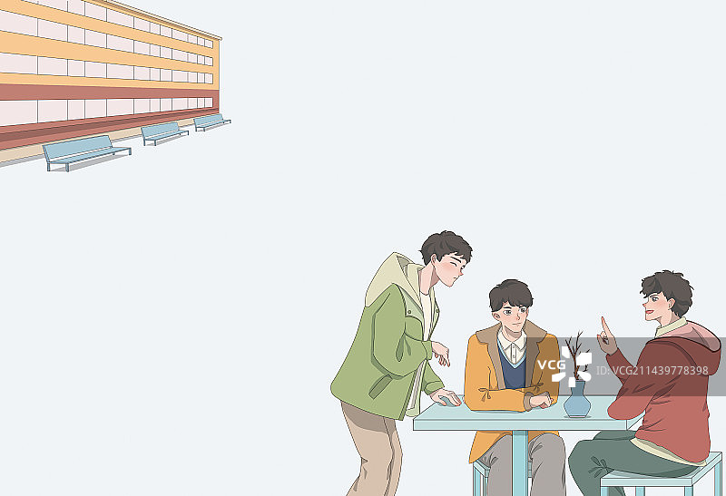 插画教育校园教学楼男孩讨论小组清新风背景图片素材