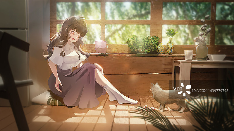 暑假女孩猫房间植物垫子花盆二次元插画图片素材