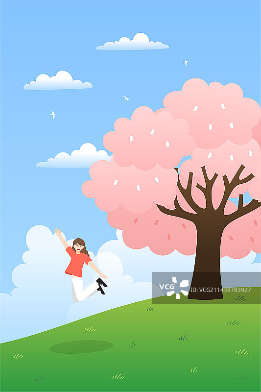 在樱花树下开心地跳跃的女孩插画竖版图片素材
