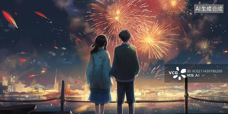 【AI数字艺术】年轻的男女一起看烟花的背影图片素材