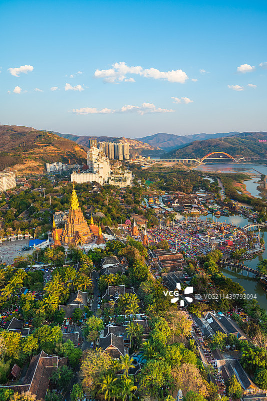 云南西双版纳景洪市告庄和湄公河星光夜市高视角城市风光航拍视角白昼黄昏图片素材