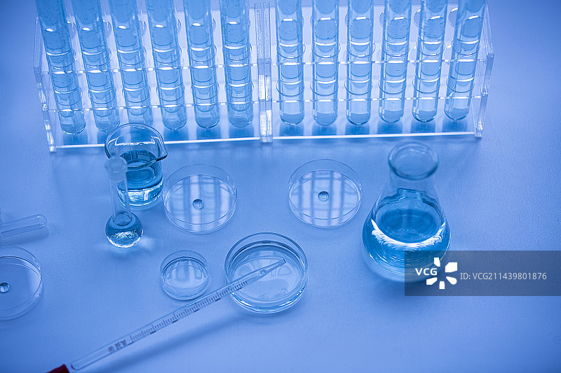 实验室中装满液体的试管和培养皿图片素材