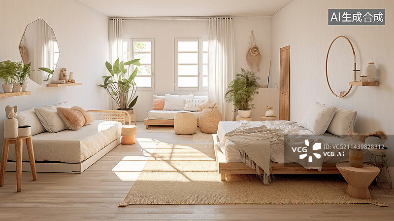 【AI数字艺术】3D渲染白色卧室场景图片素材