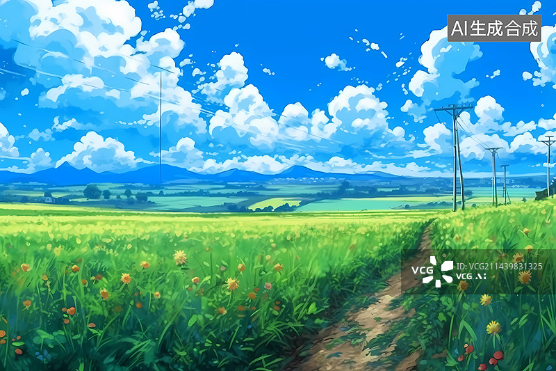 【AI数字艺术】夏天绿色的草地上的丘陵与蓝天插画图片素材