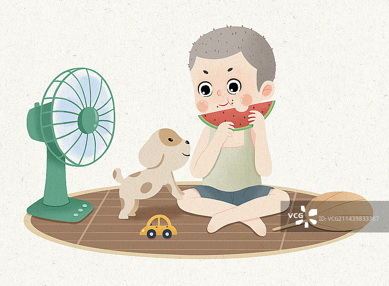 坐在凉席上吃西瓜的男孩(无字)图片素材