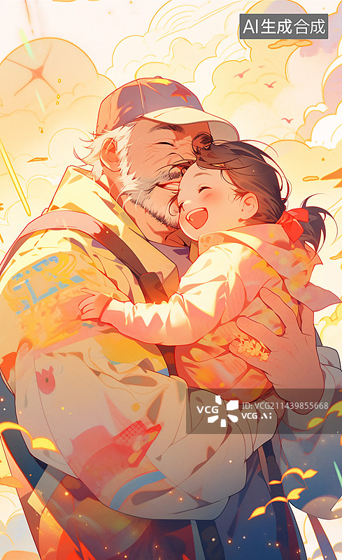 【AI数字艺术】父亲抱着孩子温馨快乐的场景插画图片素材