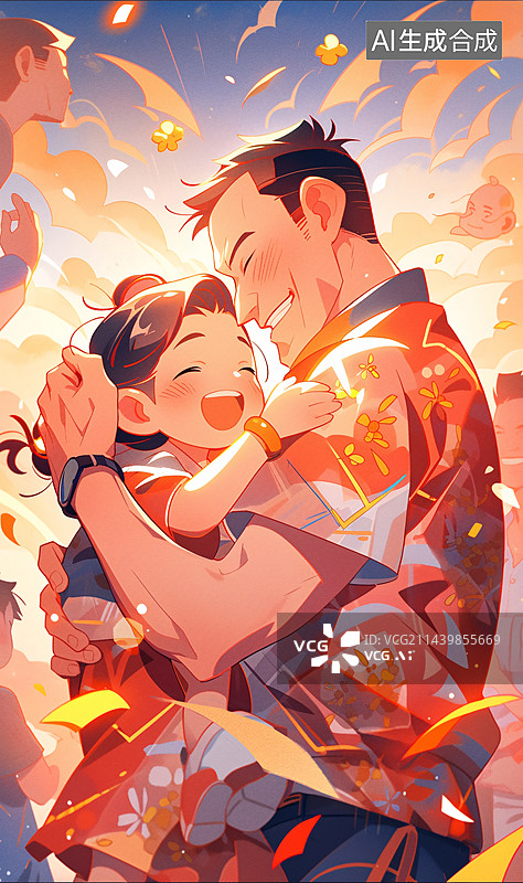 【AI数字艺术】父亲抱着孩子温馨快乐的场景插画图片素材