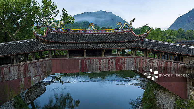 浙江省温州泰顺廊桥晨曦航拍图片素材