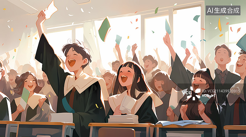 【AI数字艺术】毕业季学生人群在课室里高兴狂欢跳起来图片素材