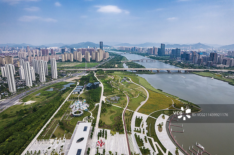 上虞曹娥江两岸城市风光航拍图片素材
