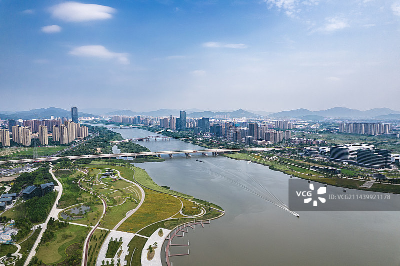 上虞曹娥江两岸城市风光航拍图片素材