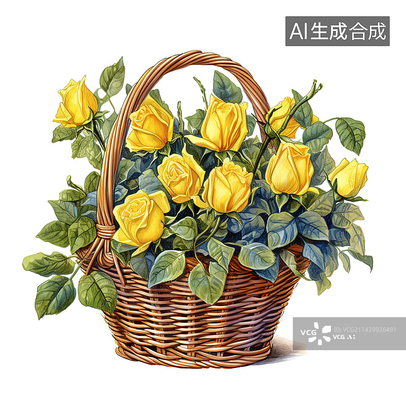【AI数字艺术】白色背景下篮子里的黄花植物特写镜头图片素材