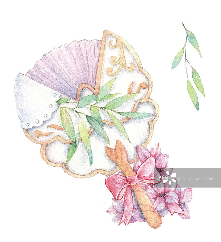 白色背景下的水彩手绘一把装饰鲜花团扇图图片素材