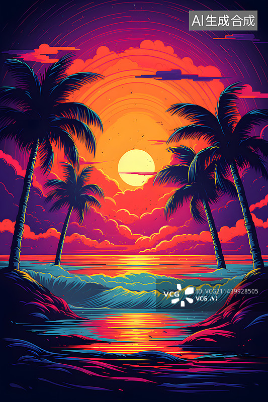 【AI数字艺术】AIGC:热带风景椰子树落日 海报 背景插图图片素材
