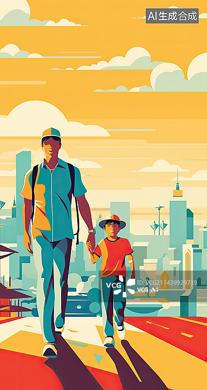 【AI数字艺术】年轻父子手拉手在行走图片素材