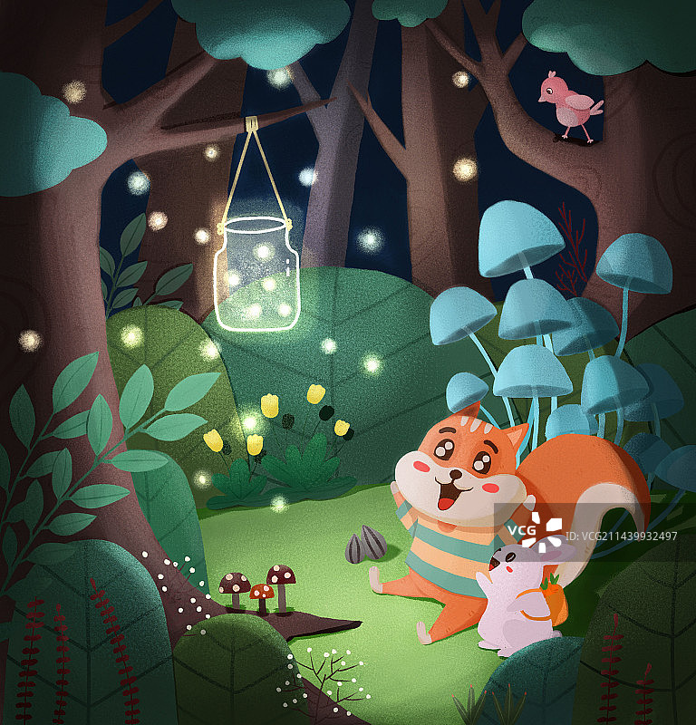 夜晚森林里小动物在玩耍图片素材