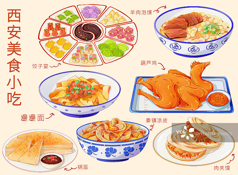 国潮西安美食小吃图鉴图片素材