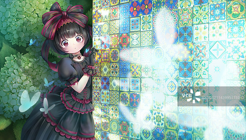 躲在花墙后的礼服女孩图片素材