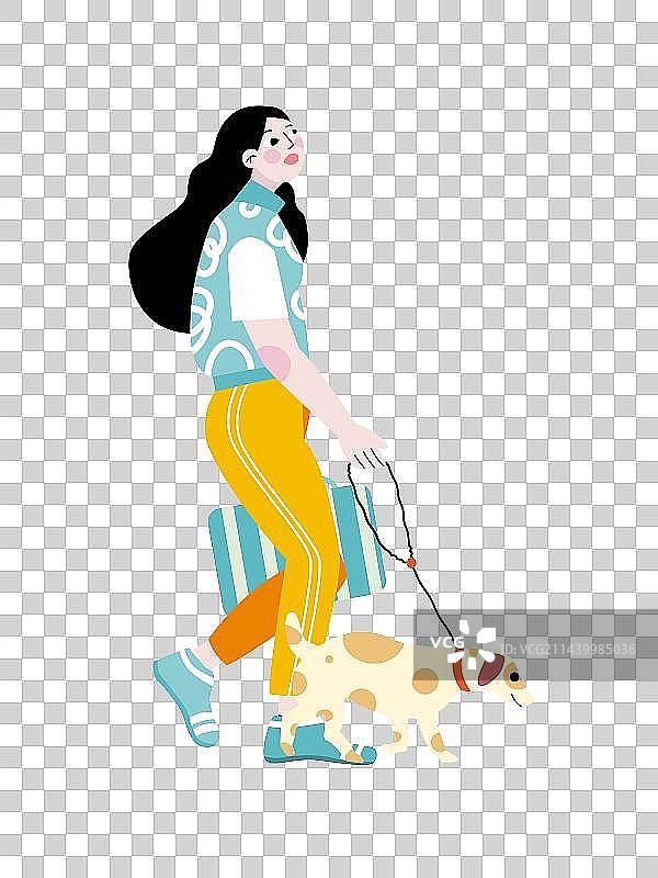 遛狗 人物 扁平风图片素材