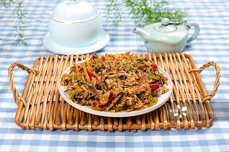 特色农家菜小炒芭蕉花肉沫图片素材