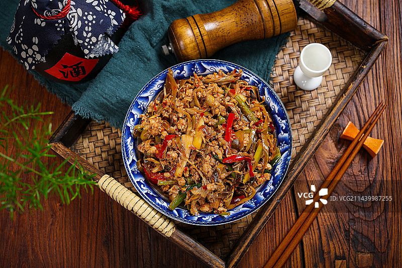 特色农家菜小炒芭蕉花肉沫图片素材