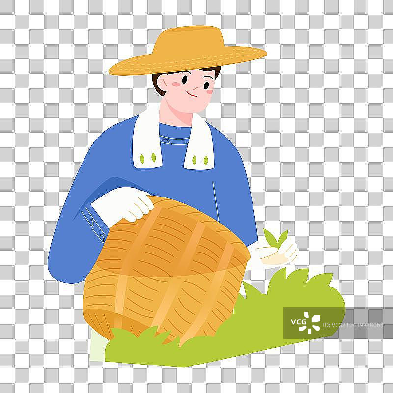 拿着篮子采茶的男孩矢量人物插画元素图片素材