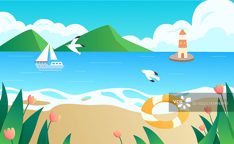 夏天在海边的沙滩旅游度假插画图片素材