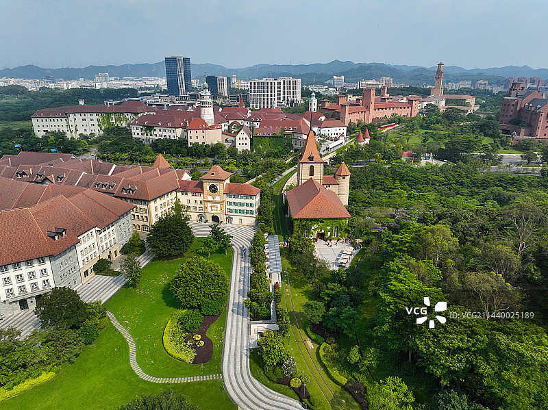 广东省东莞市大朗镇松山湖风景区桃源公园华为溪流背坡村航拍图片素材