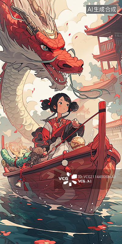 【AI数字艺术】国潮风划龙舟的女孩端午节主题插画图片素材