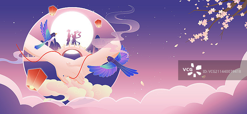 浪漫七夕情人节红线牵手插画海报图片素材