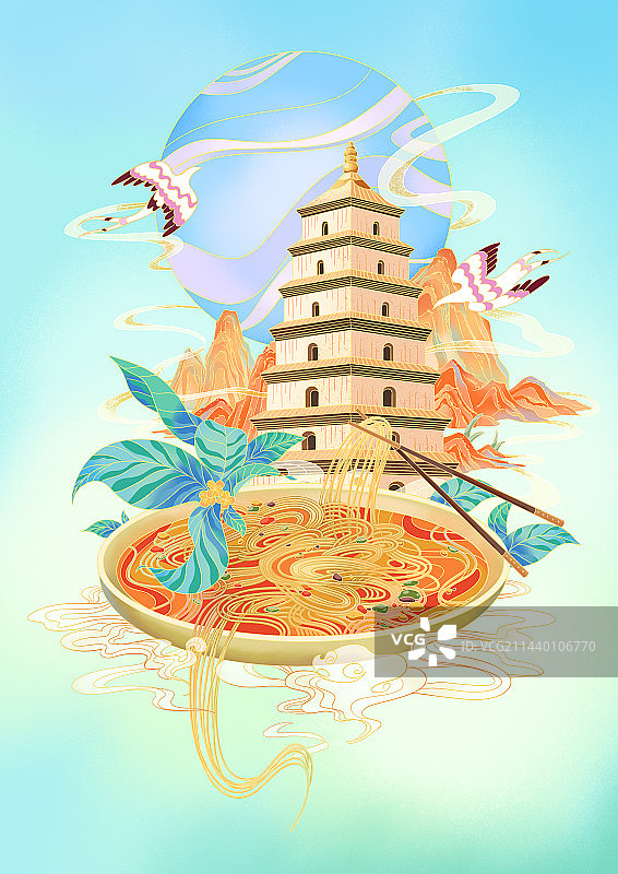 国潮风西安大雁塔臊子面插画图片素材
