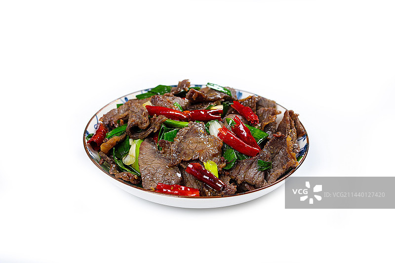 特色农家菜干辣椒蒜叶炒腊牛肉干巴图片素材