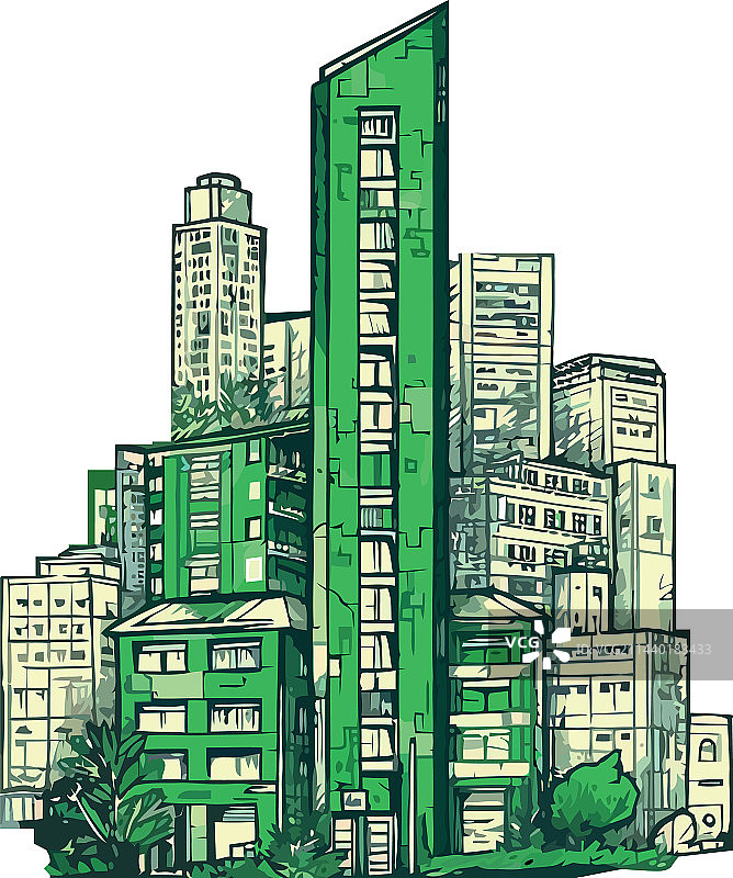 现代城市天际线摩天大楼与绿色自然图片素材