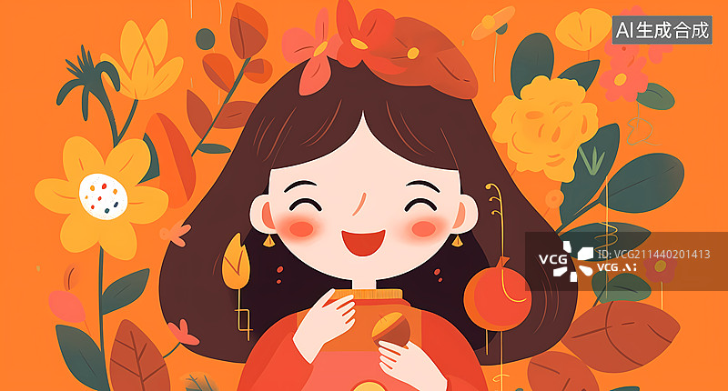【AI数字艺术】开心的女生插画图片素材
