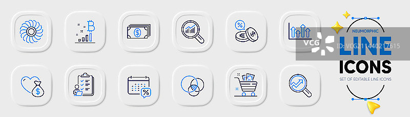 食品杂货篮、银行和货币兑换线条图片素材